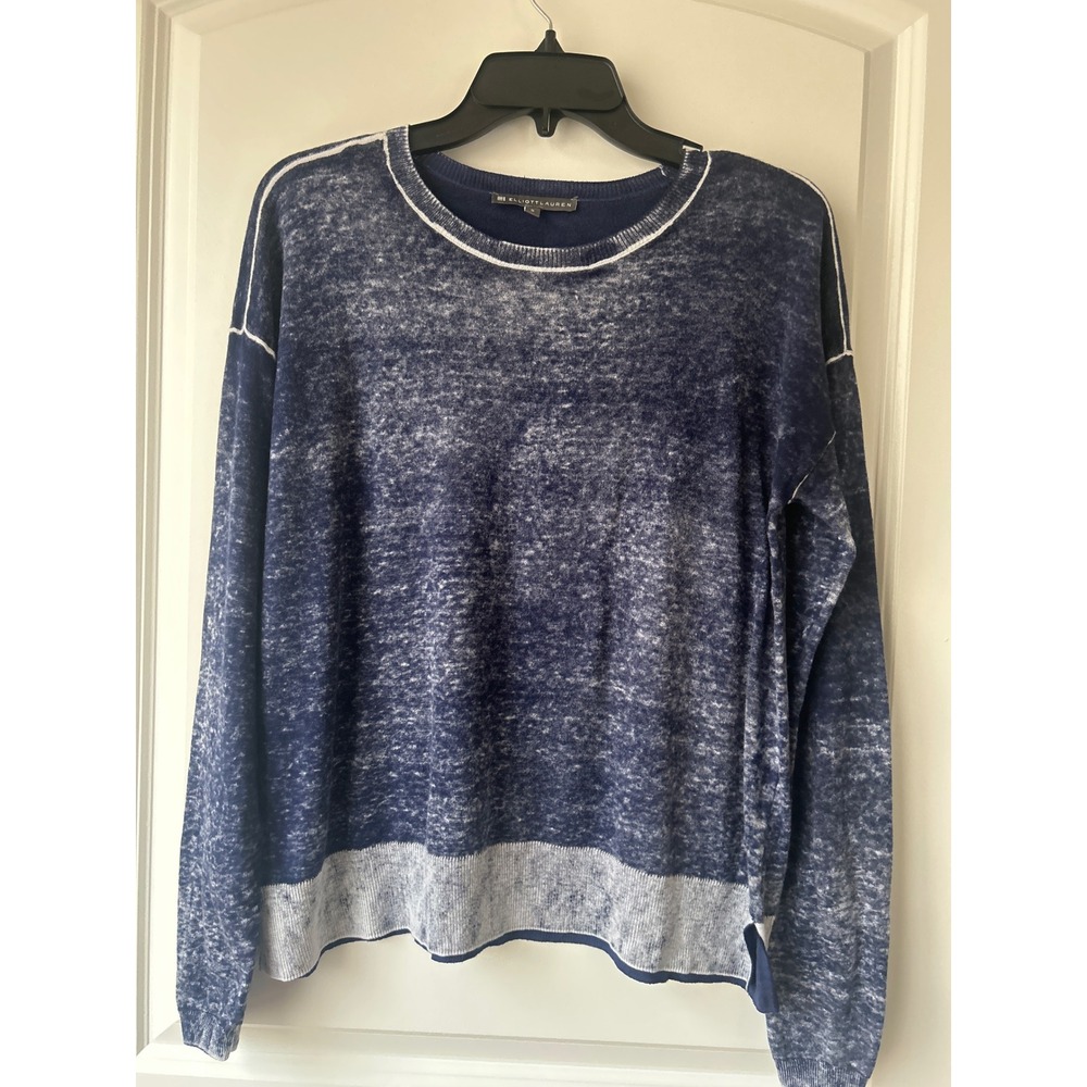 Elliot Lauren Navy White Acid Wash Cotton Knit Sweater Drop Shoulder Crewneck S